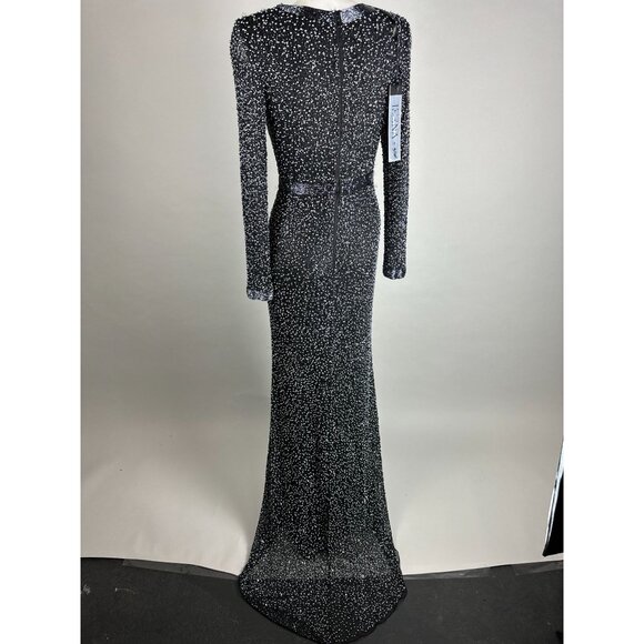 Mac Duggal Black Silver V-Neck Long Sleeve Embellished Dress size 4 NWT 4900D - Picture 7 of 13